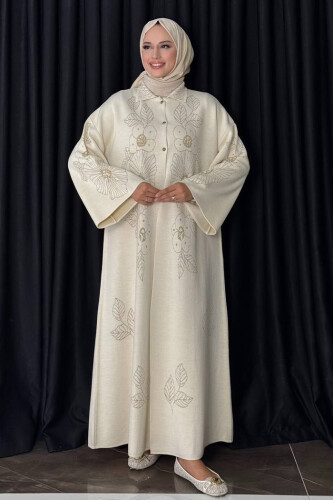 Düğmeli Çiçek Desenli Triko Hırka 18310 Taş - Bym Fashion