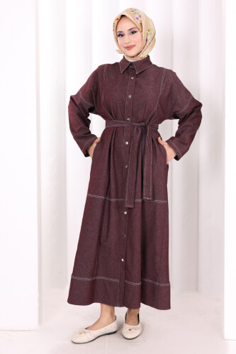 Düğmeli Denim Elbise 7070 Bordo