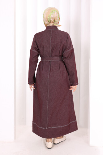 Düğmeli Denim Elbise 7070 Bordo - 3
