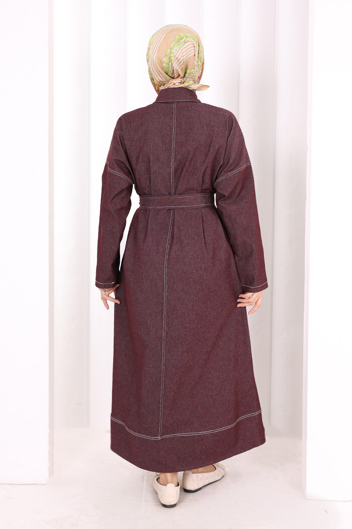 Düğmeli Denim Elbise 7070 Bordo - 3