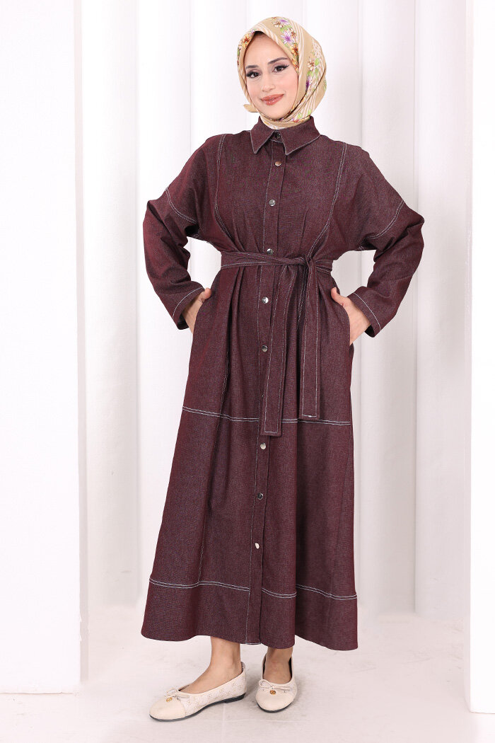 Düğmeli Denim Elbise 7070 Bordo - 1