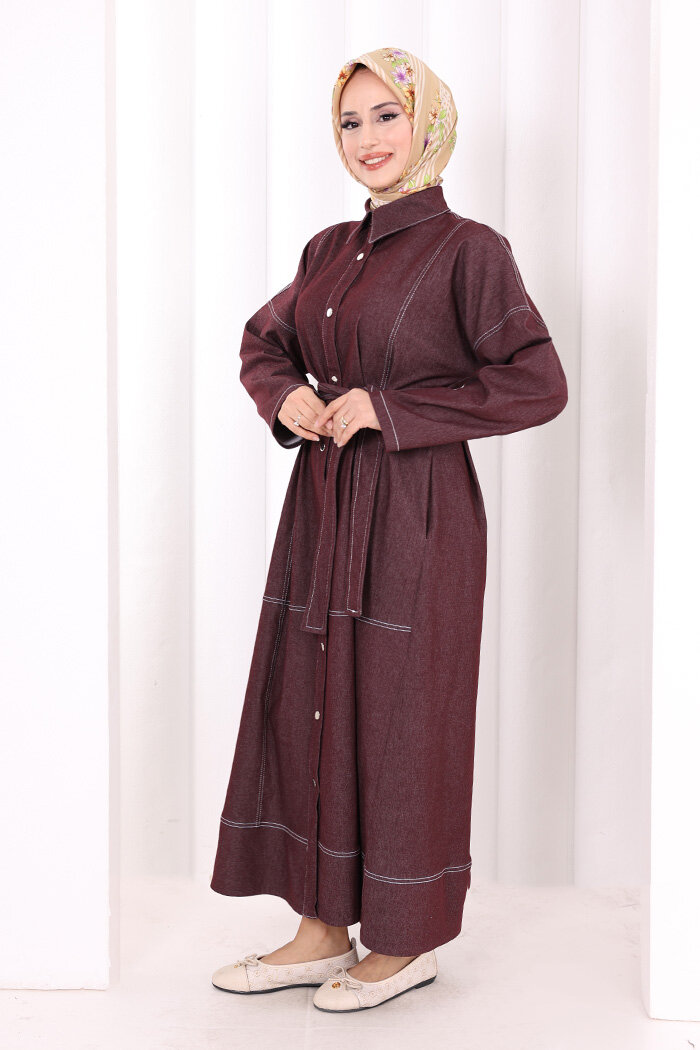 Düğmeli Denim Elbise 7070 Bordo - 2