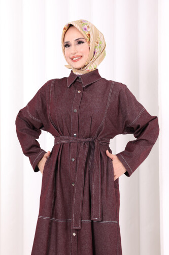 Düğmeli Denim Elbise 7070 Bordo - 4