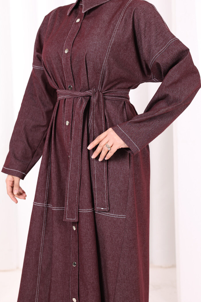 Düğmeli Denim Elbise 7070 Bordo - 5