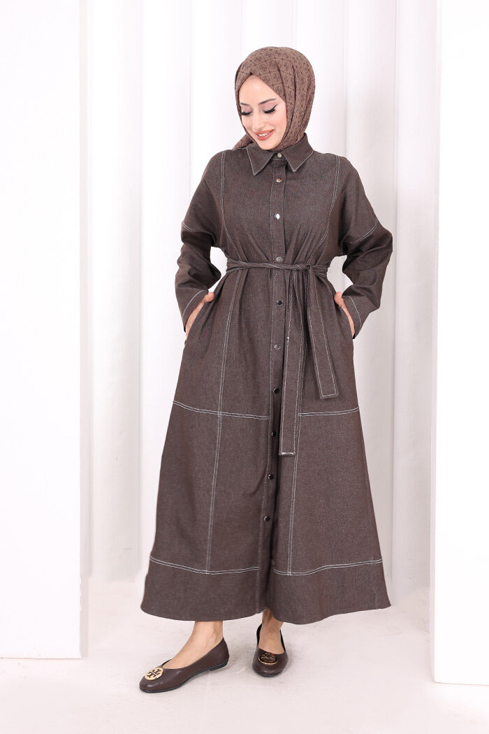 Düğmeli Denim Elbise 7070 Kahverengi - 1