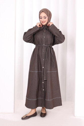 Düğmeli Denim Elbise 7070 Kahverengi - 2