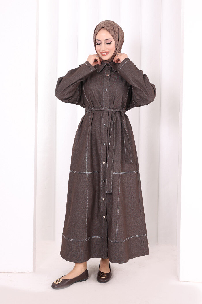 Düğmeli Denim Elbise 7070 Kahverengi - 2