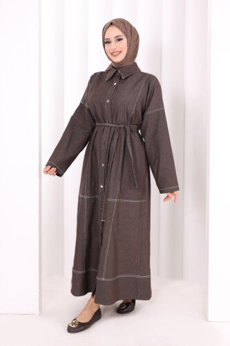 Düğmeli Denim Elbise 7070 Kahverengi - 3