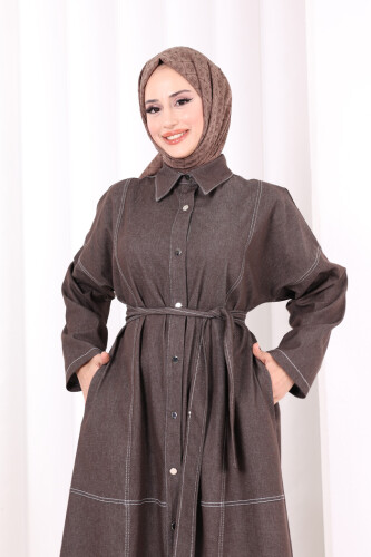 Düğmeli Denim Elbise 7070 Kahverengi - 5