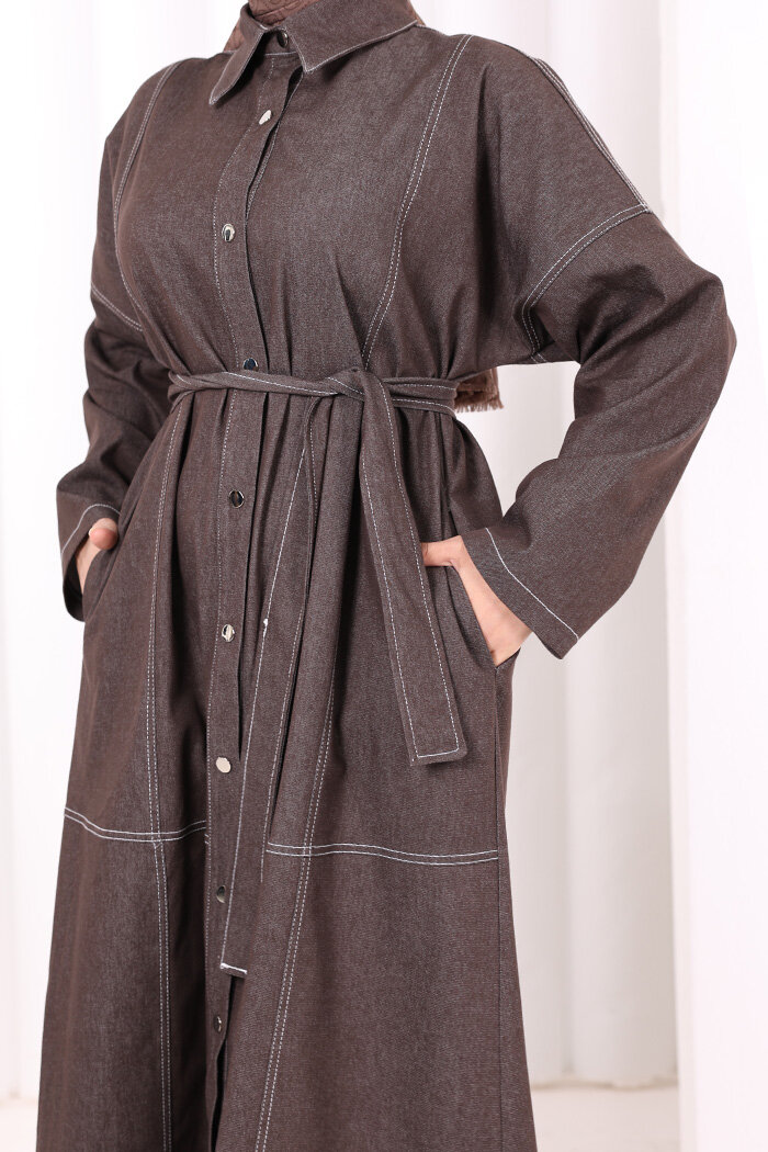 Düğmeli Denim Elbise 7070 Kahverengi - 6