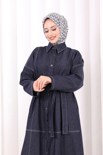 Düğmeli Denim Elbise 7070 Lacivert - 6