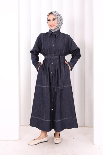 Düğmeli Denim Elbise 7070 Lacivert