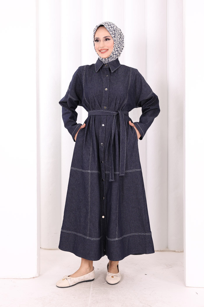 Düğmeli Denim Elbise 7070 Lacivert - 1