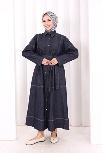 Düğmeli Denim Elbise 7070 Lacivert - 2