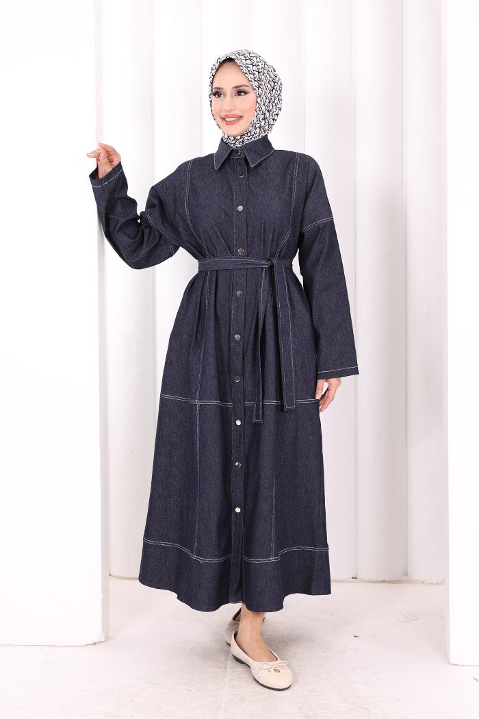 Düğmeli Denim Elbise 7070 Lacivert - 3