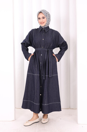 Düğmeli Denim Elbise 7070 Lacivert - 4