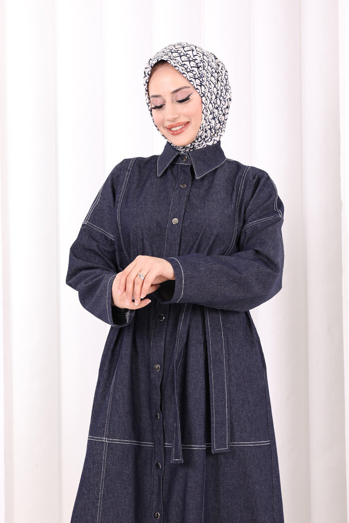 Düğmeli Denim Elbise 7070 Lacivert - 6