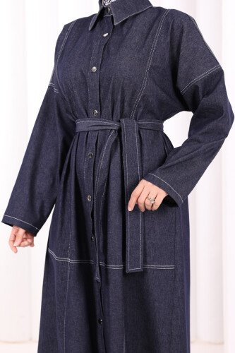 Düğmeli Denim Elbise 7070 Lacivert - 7