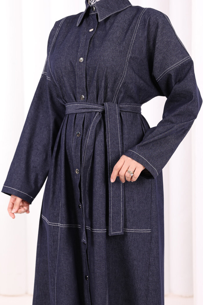 Düğmeli Denim Elbise 7070 Lacivert - 7