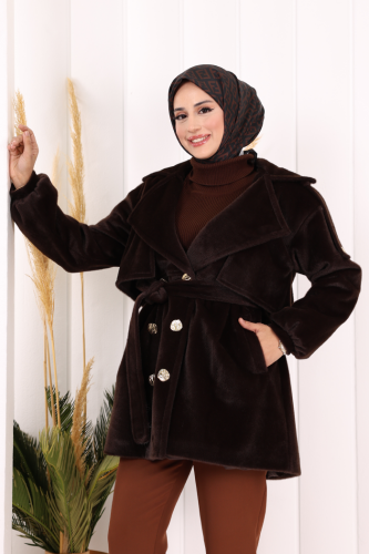 Düğmeli Kaban 70059 Kahverengi - 6