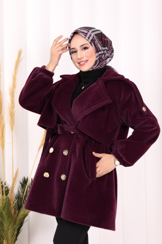 Düğmeli Kaban 70059 Mor - 5