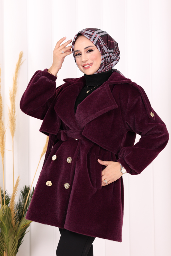 Düğmeli Kaban 70059 Mor - 5