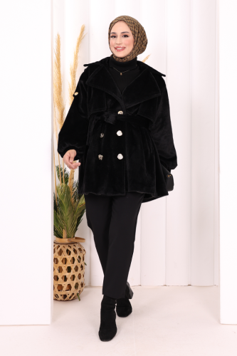 Düğmeli Kaban 70059 Siyah - Bym Fashion