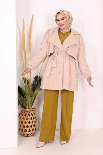 Düğmeli Kaban 70059 Taş - Bym Fashion