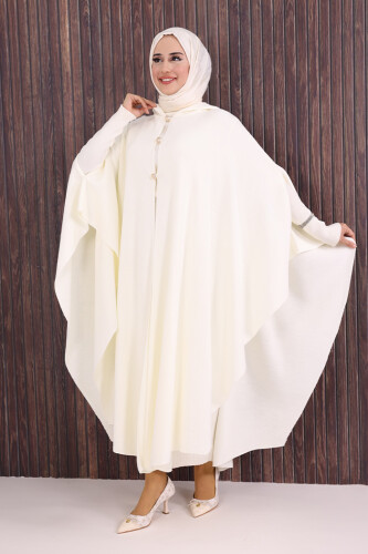 Düğmeli Kapşonlu Triko Panço 18342 Ekru - Bym Fashion