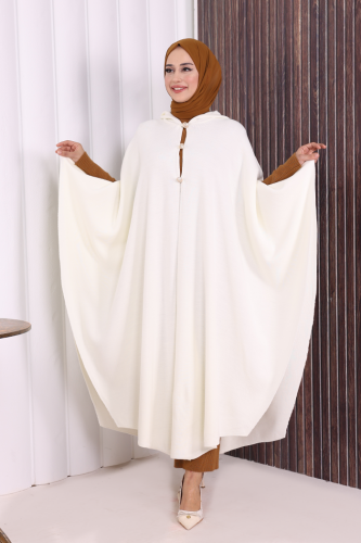 Düğmeli Kapşonlu Triko Panço 18342 Ekru - Bym Fashion