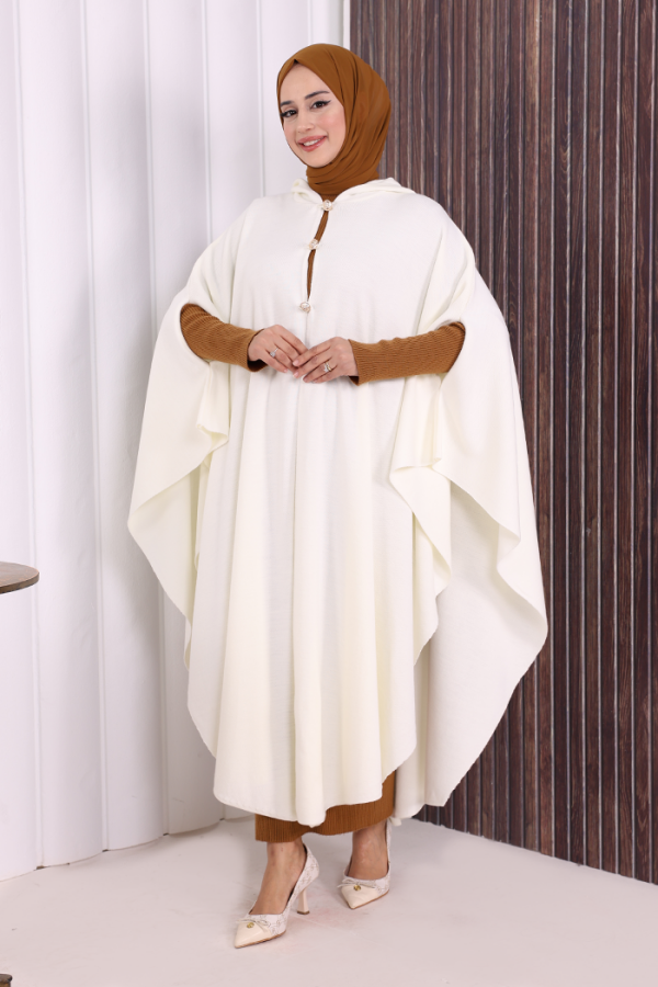 Düğmeli Kapşonlu Triko Panço 18342 Ekru - 2