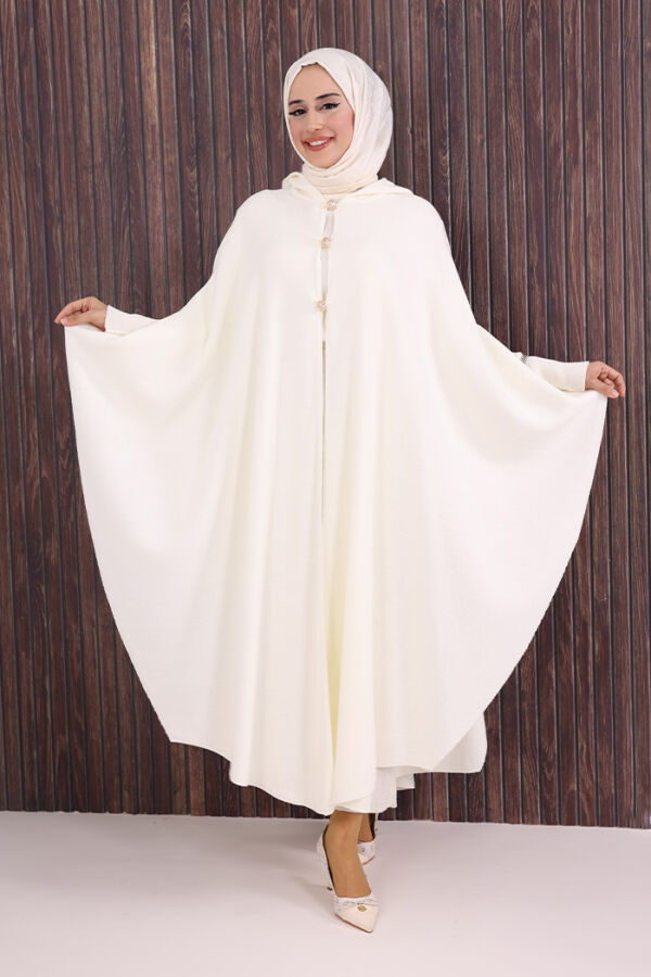 Düğmeli Kapşonlu Triko Panço 18342 Ekru - 2