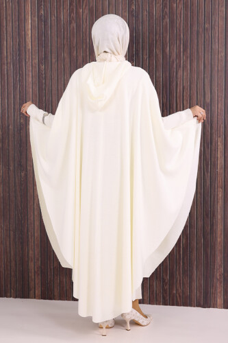 Düğmeli Kapşonlu Triko Panço 18342 Ekru - 4