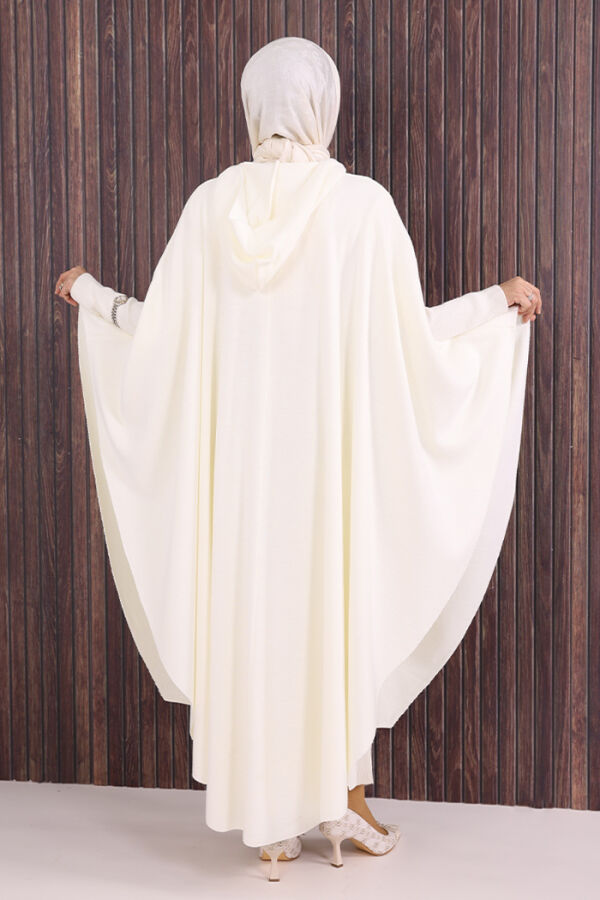 Düğmeli Kapşonlu Triko Panço 18342 Ekru - 4