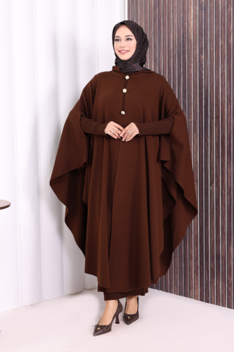 Düğmeli Kapşonlu Triko Panço 18342 Kahverengi - Bym Fashion