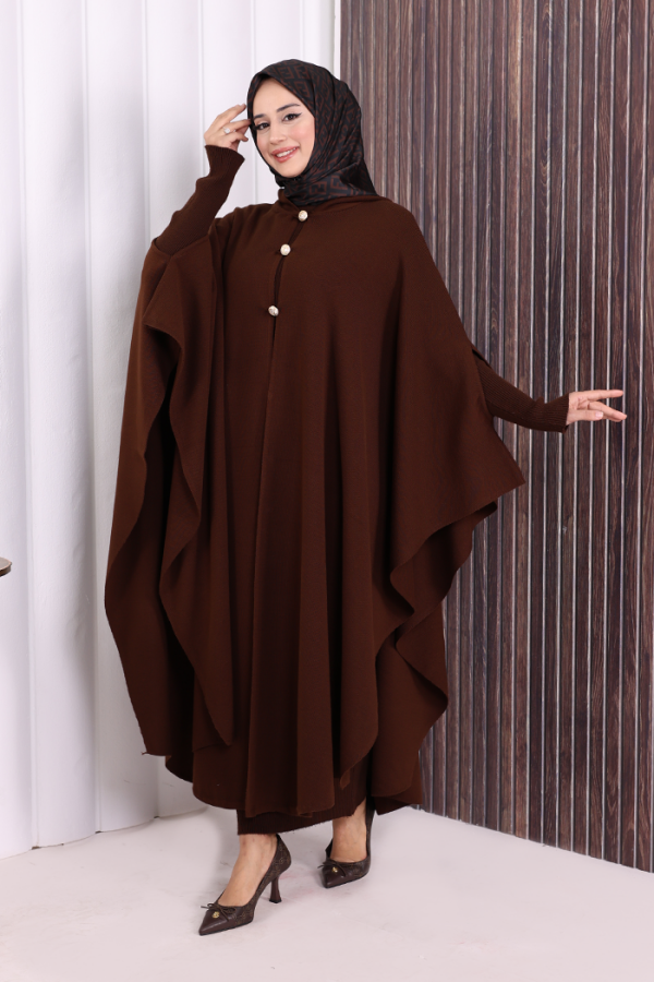 Düğmeli Kapşonlu Triko Panço 18342 Kahverengi - 2