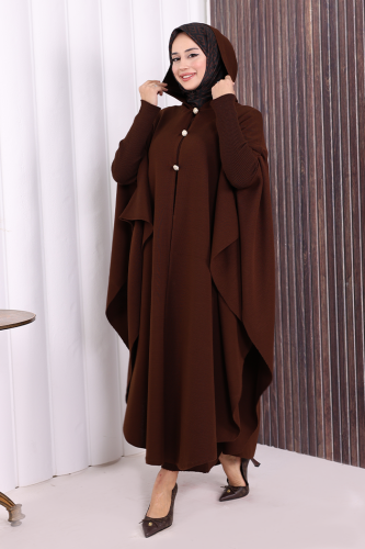 Düğmeli Kapşonlu Triko Panço 18342 Kahverengi - 4