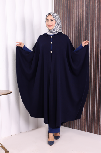 Düğmeli Kapşonlu Triko Panço 18342 Lacivert - Bym Fashion