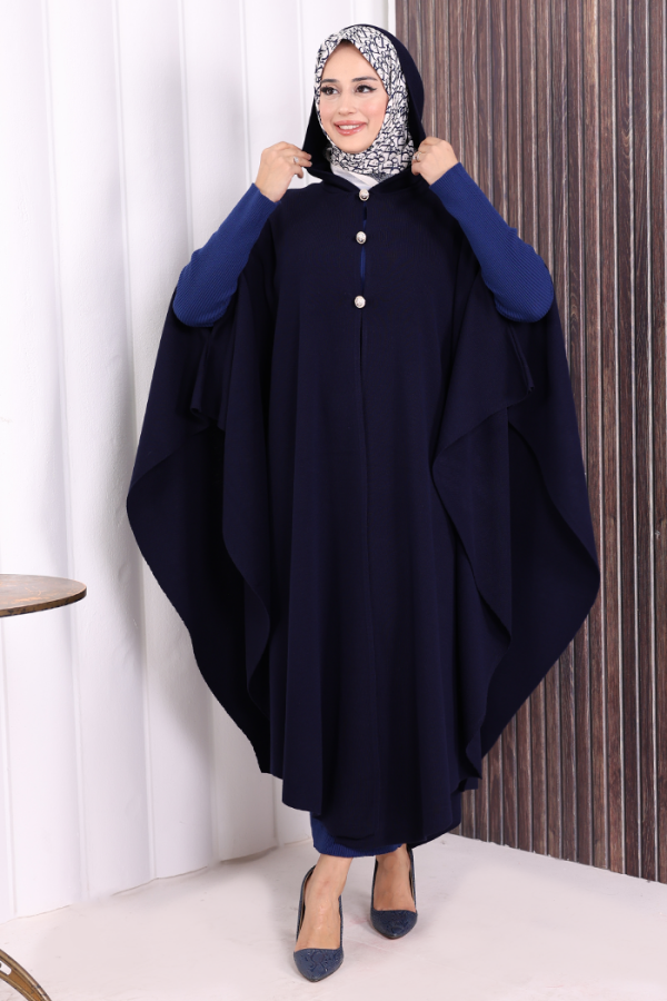 Düğmeli Kapşonlu Triko Panço 18342 Lacivert - 3