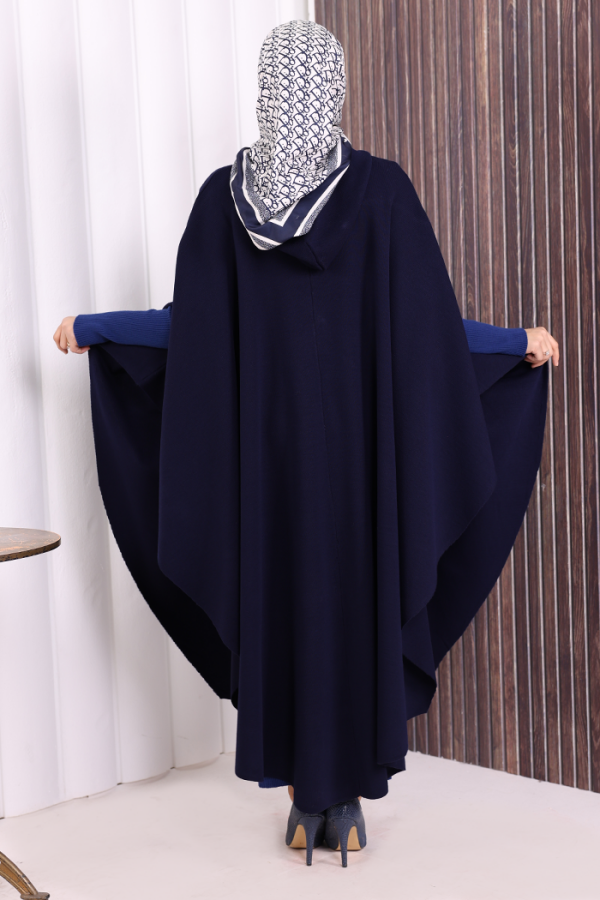 Düğmeli Kapşonlu Triko Panço 18342 Lacivert - 5