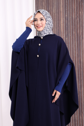 Düğmeli Kapşonlu Triko Panço 18342 Lacivert - 6