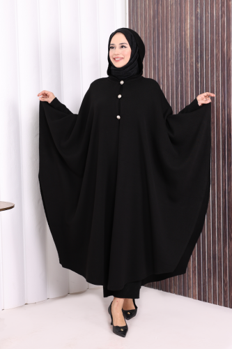Düğmeli Kapşonlu Triko Panço 18342 Siyah - Bym Fashion