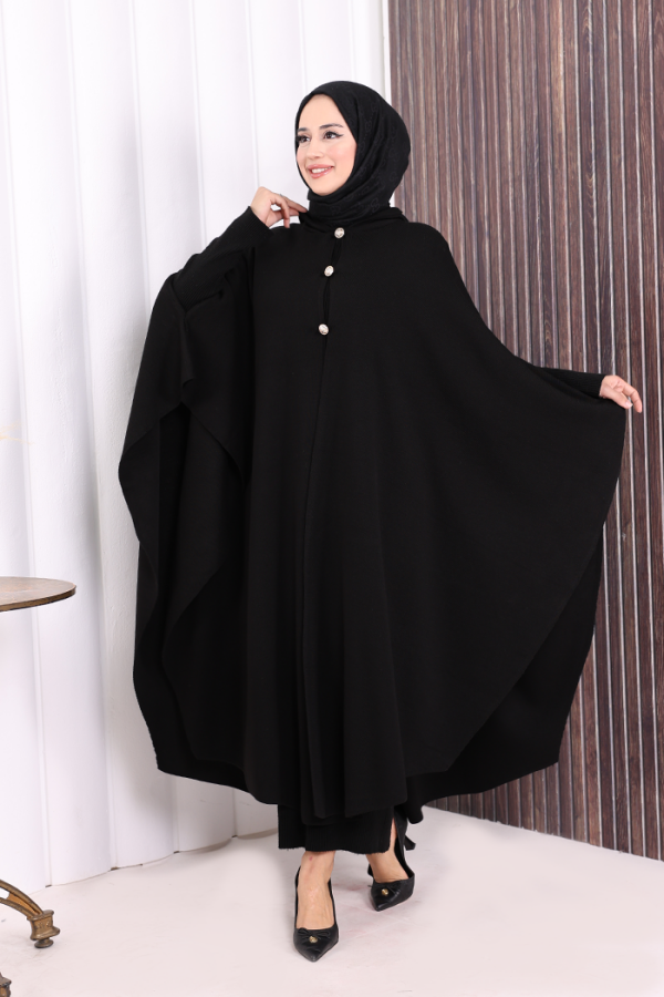 Düğmeli Kapşonlu Triko Panço 18342 Siyah - 3