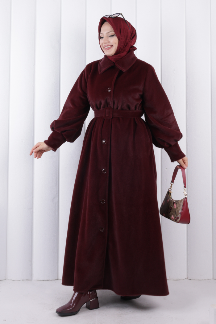 Düğmeli Kemerli Uzun Kaban 1232 Bordo - 2