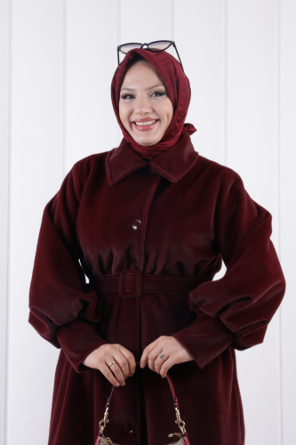 Düğmeli Kemerli Uzun Kaban 1232 Bordo - 4