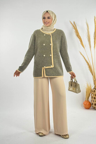 Düğmeli Triko Hırka 18318 Bej - Bym Fashion