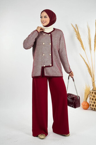 Düğmeli Triko Hırka 18318 Bordo - Bym Fashion