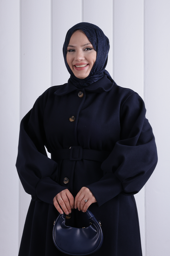 Düğmeli Uzun Kaban 1220 Lacivert - 4