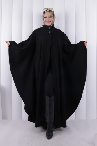 Düğmeli Yarasakol Kaşe Panço 1236 Siyah