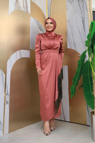 Etek Püskül Detay Kemer Aksesuarlı Saten Abiye Elbise 3763 gülkurusu siyah - 4